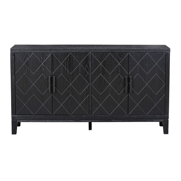 4door Retro Sideboard with Adjustable Shelves, Two Large Cabinet with Long Handle, for Living Room and Dining Room (Black)