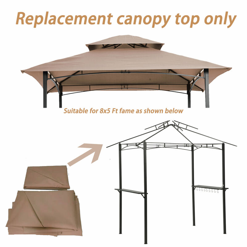 8x5Ft Grill Gazebo Replacement Canopy, Double Tiered BBQ Tent Roof Top Cover, Beige