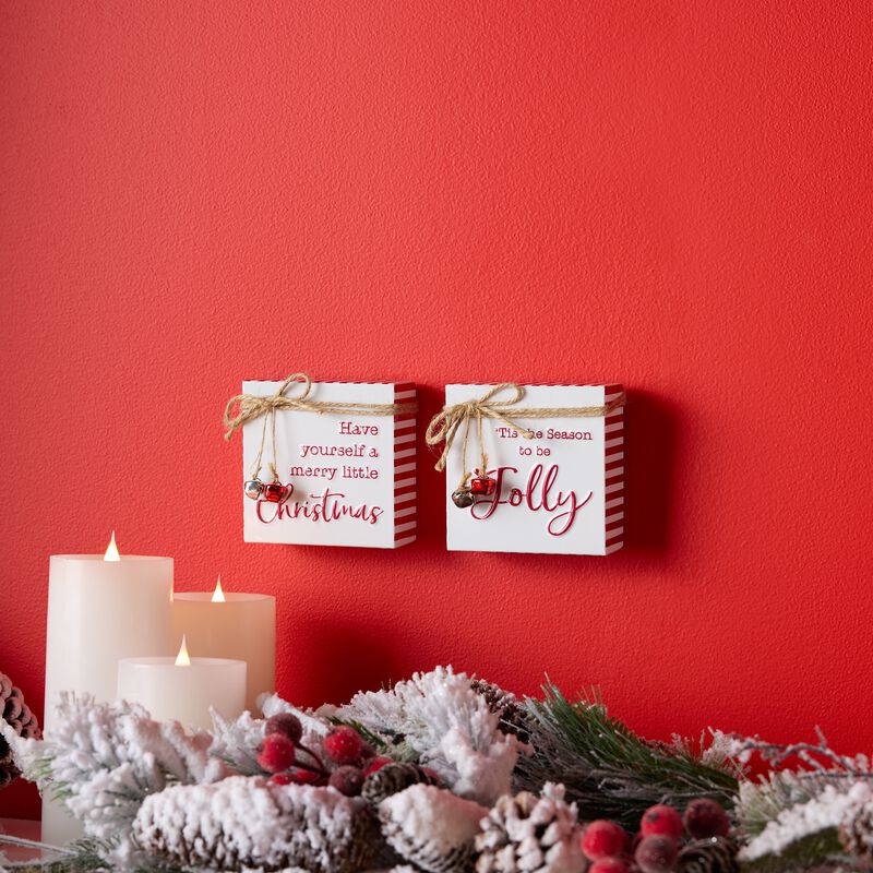 Metal Christmas Sentiment Sign with Bell Accents – Set of 2 Holiday Wall or Door Decorations with Festive Sayings