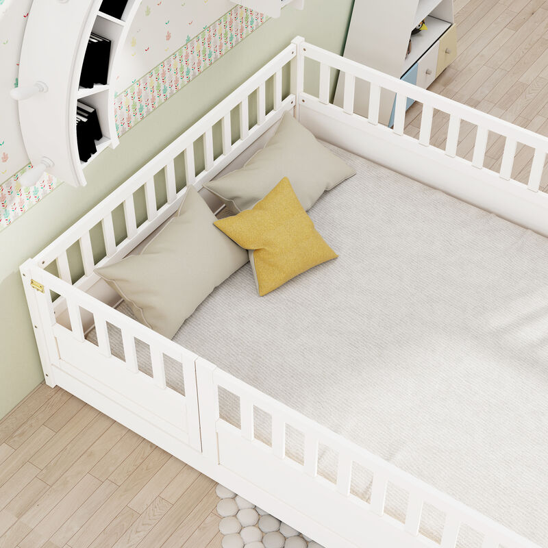 Children's Floor Bed Frame with Integral Construction Super High Security Barrier and Door for Safety