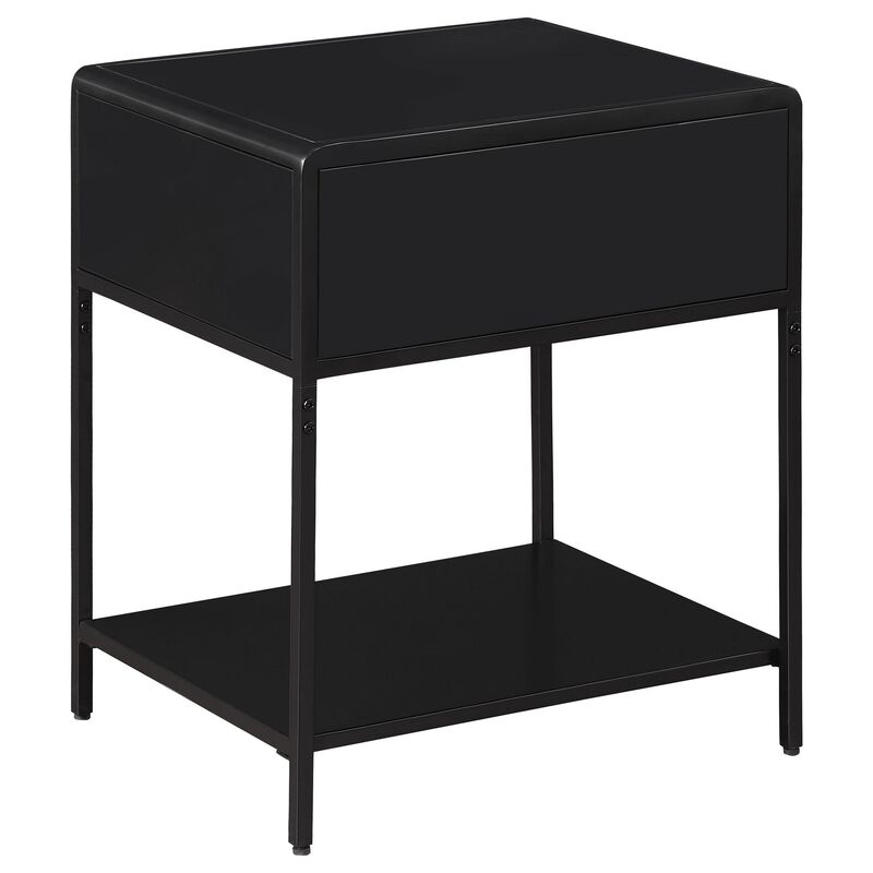 Lanie Bedside Table with Drawer and Open Shelf, PE Cane, Black Metal