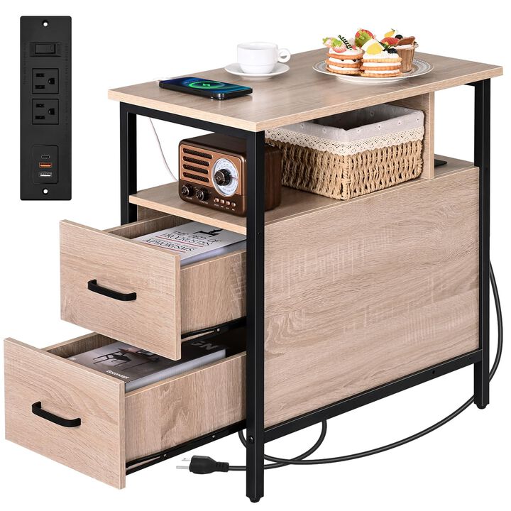 Livofloral Side Tables with Charging Station, Narrow End Table with 2 Wooden Drawers, USB Ports and Power Outlets, Narrow Nights