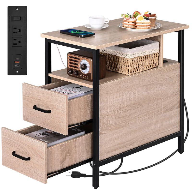 Livofloral Side Tables with Charging Station, Narrow End Table with 2 Wooden Drawers, USB Ports and Power Outlets, Narrow Nights