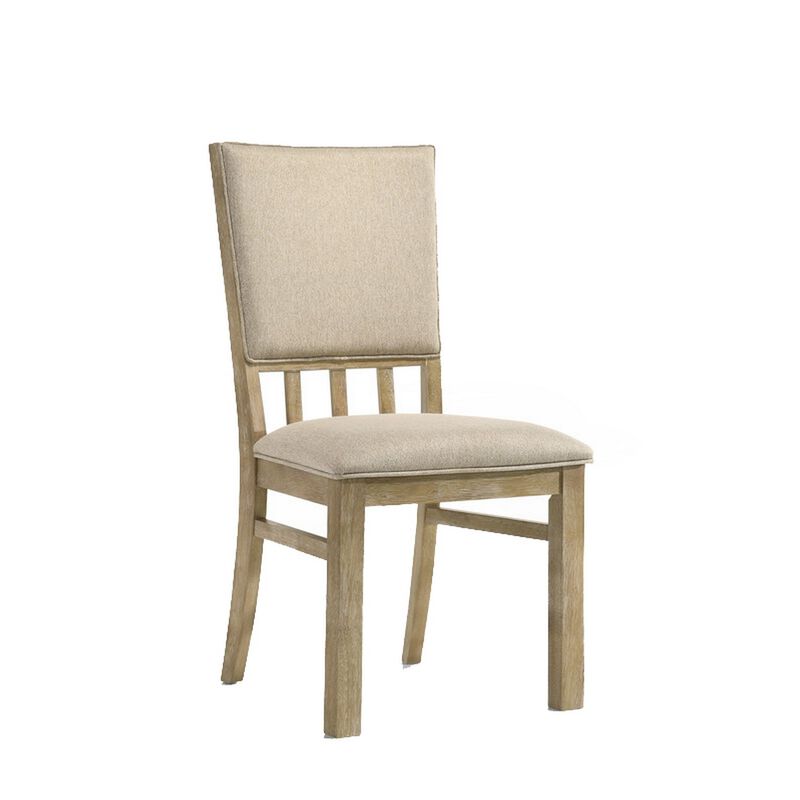 22 Inch Wood Dining Chairs Set of 2, Beige Cushioning, Slatted Low Back - Benzara