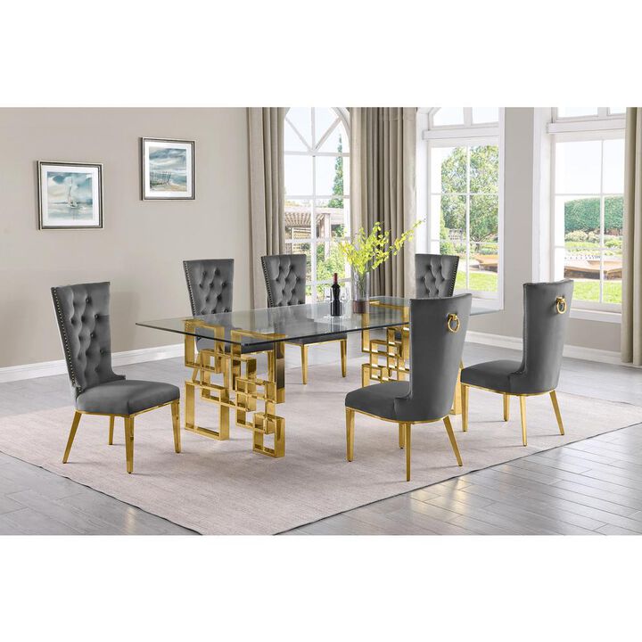 7-piece glam dining set with 6 dark grey chairs and a 95" long glass  table