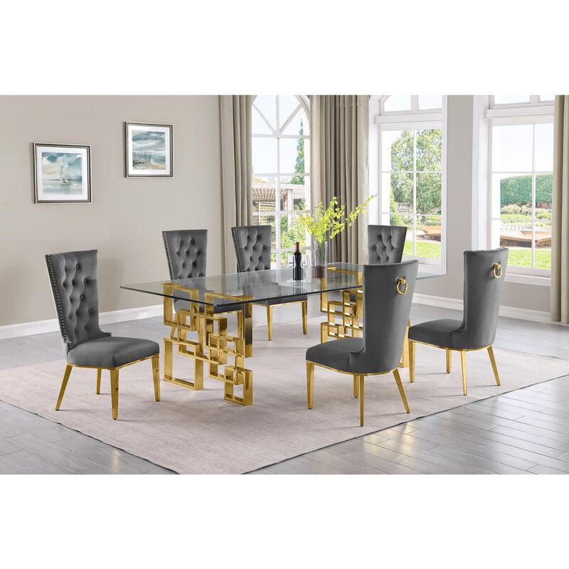 7-piece glam dining set with 6 dark grey chairs and a 95" long glass  table