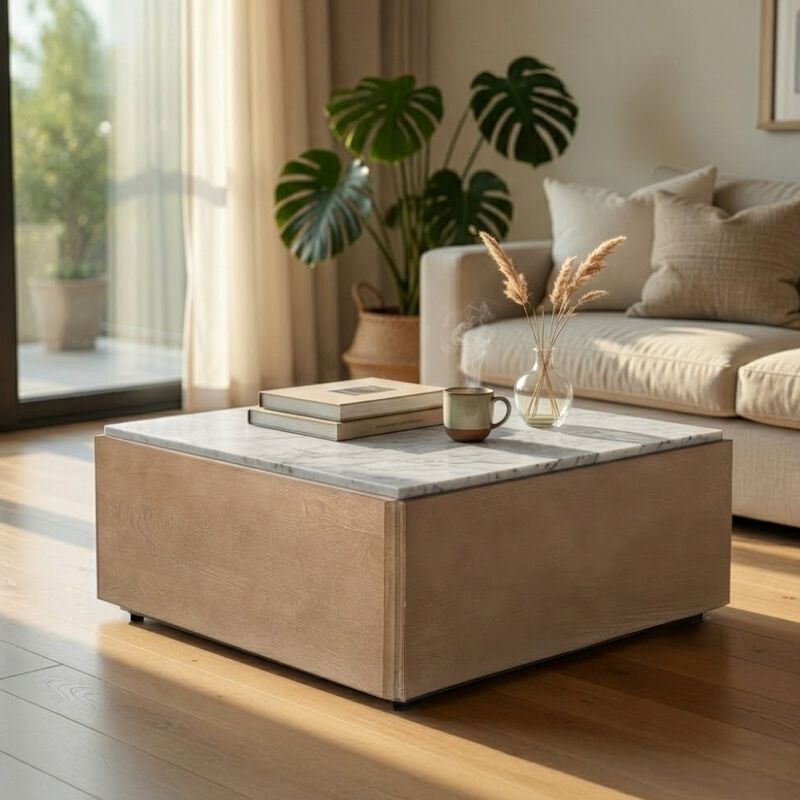 Joi 38 Inch Square Coffee Table, Real White Marble Top, Solid Mango Wood Base, Sandblasted Light Brown image number 1