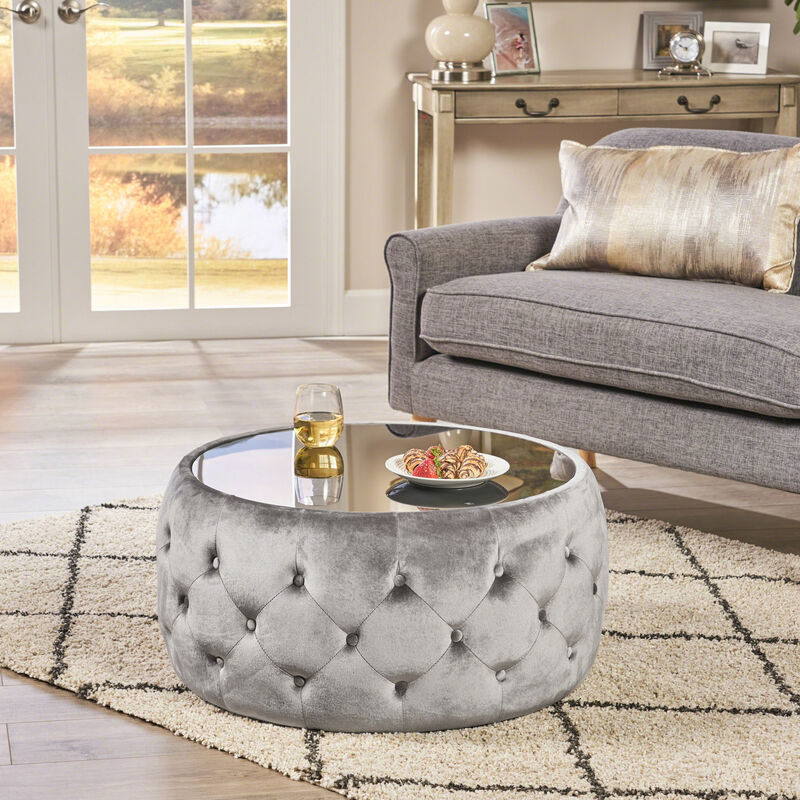 Streamdale Modern Glam Diamond Tufted Velvet Ottoman with Tempered Glass Top