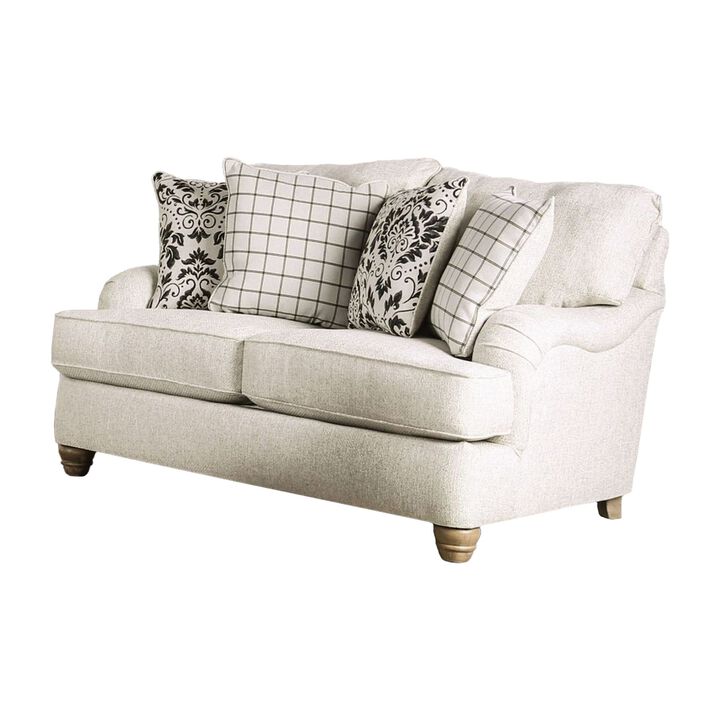 Selly Loveseat, Ivory Fabric, 4 Accent Pillows, Pleated Arms, 65 Inch - Benzara - Benzara