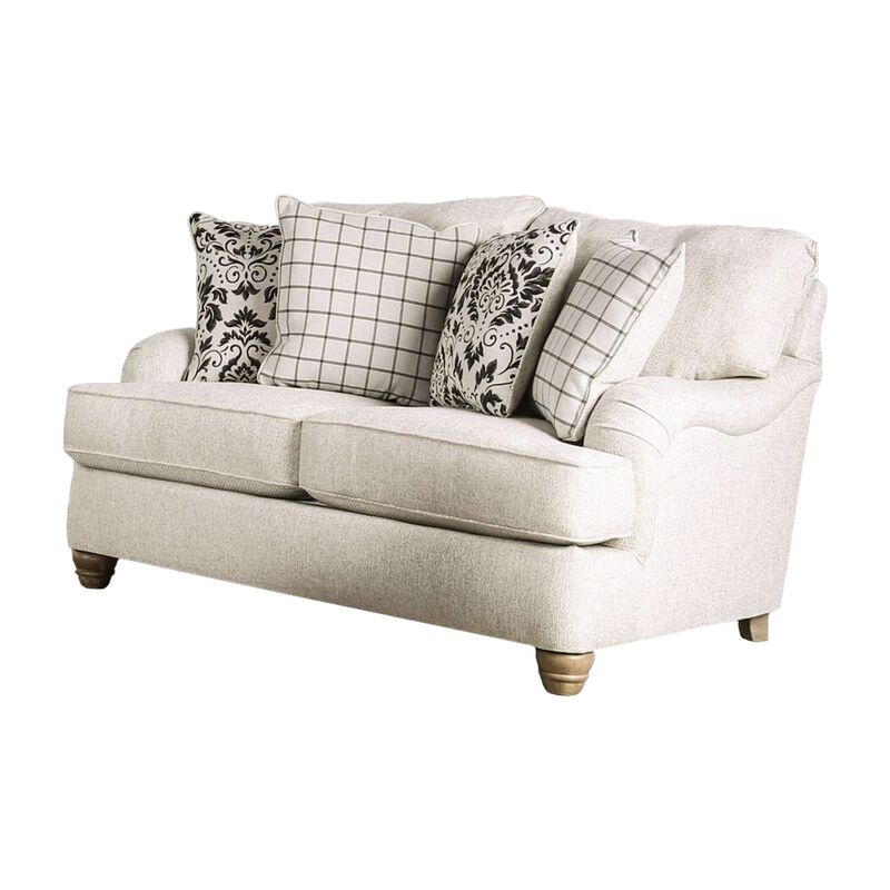 Selly Loveseat, Ivory Fabric, 4 Accent Pillows, Pleated Arms, 65 Inch - Benzara - Benzara image number 1