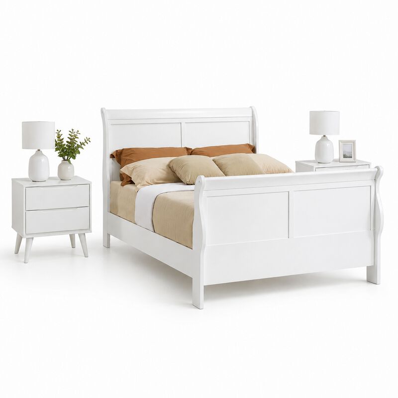 Queen Bedroom Set, White Wood, 3 Piece Set with 2 Nightstands image number 0