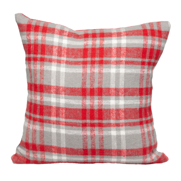 HomeRoots 16" Red and White Plaid Cotton Throw Pillow