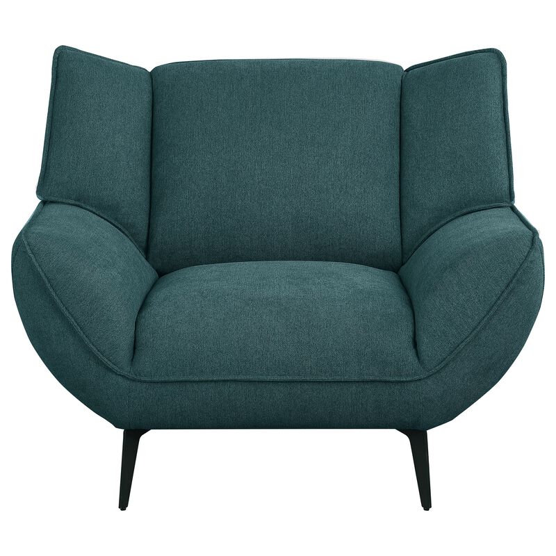 Toer 43 Inch Accent Sofa Chair, Flared Arms, Teal Blue Fabric, Black Metal