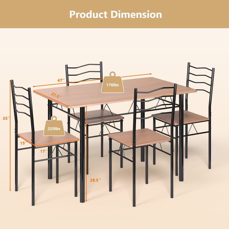 5 Pieces Wood Metal Dining Table Set with 4 Chairs
