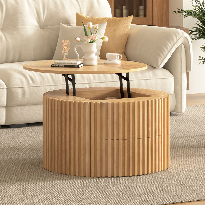 Merax Height-Adjustable Round Coffee Table with Smooth Lift Mechanism, Concealed Storage image number 2