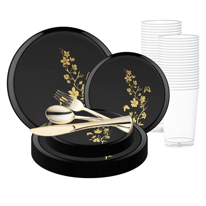 Black with Gold Floral Plastic Wedding Value Set (30 Sets)