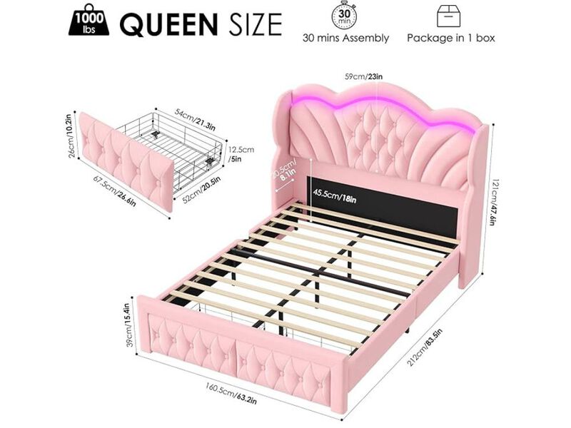 King Platform Bed &ndash; Pink Velvet Frame with LED Lights, Storage Drawers & Wingback Headboard image number 1