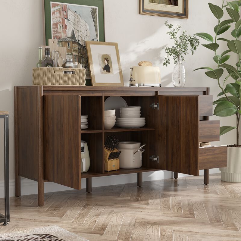 FUFU&GAGA Round Leg 2-Door 3-Drawer Cabinet with Painted Rubberwood Legs, 15mm Particleboard Construction, and Faux Thick Panel, (59"W x 16.5"D x 30.9"H) , Brown image number 3