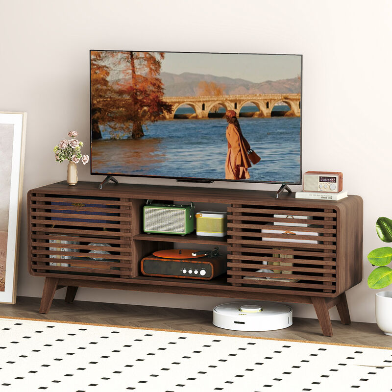 Modern TV Stand with Sliding Doors & Adjustable Shelves for Living Room-Walnut image number 4