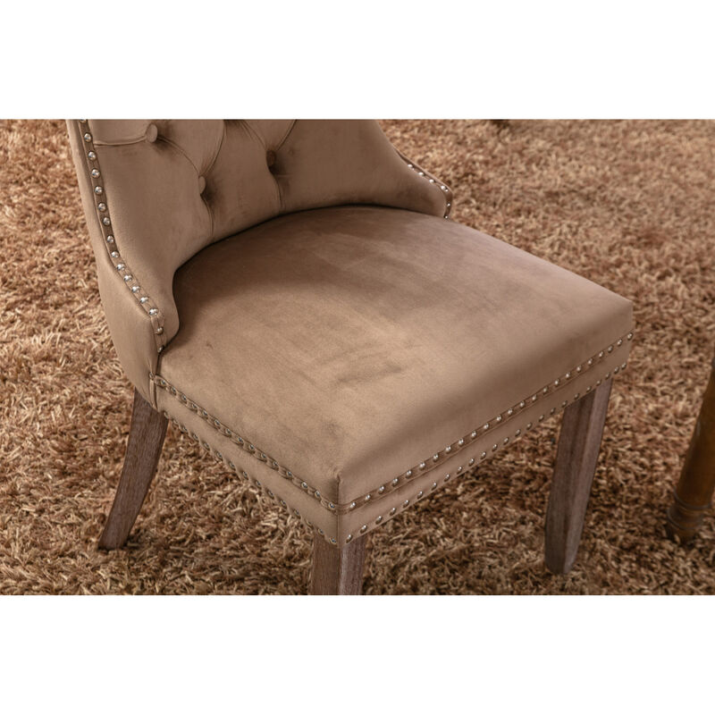 Streamdale 2 Pieces Set, Khaki Velvet Dining Chairs With Wood Legs image number 7