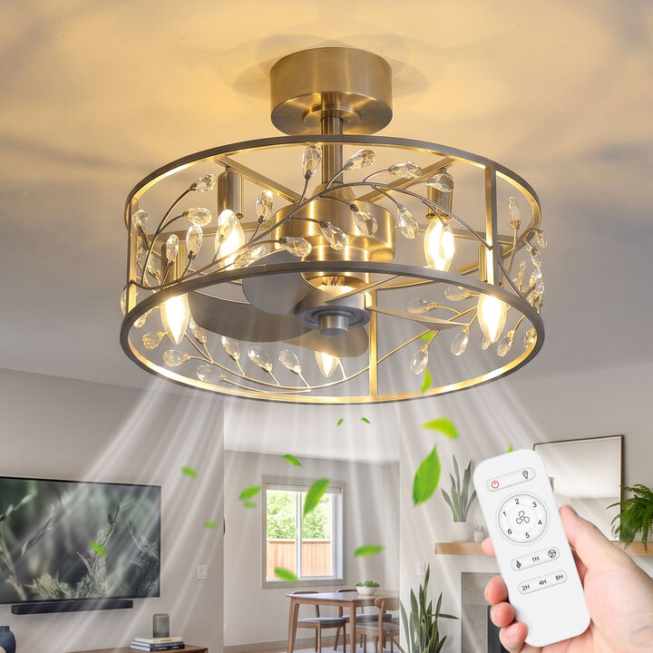 Breezary 20" Crystal Cage Ceiling Fan with Light,5 Blade, 3 Speed , Reversible, Remote Control
