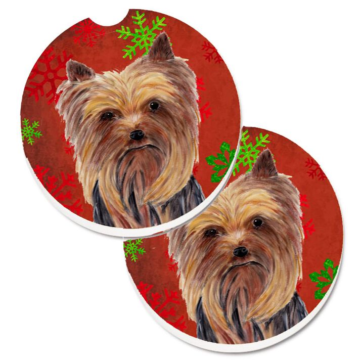 Caroline's Treasures Yorkie Red & green Snowflakes Holiday Christmas Set of 2 Cup Holder Car Coasters SC9405CARC, 2.56, Multicolor