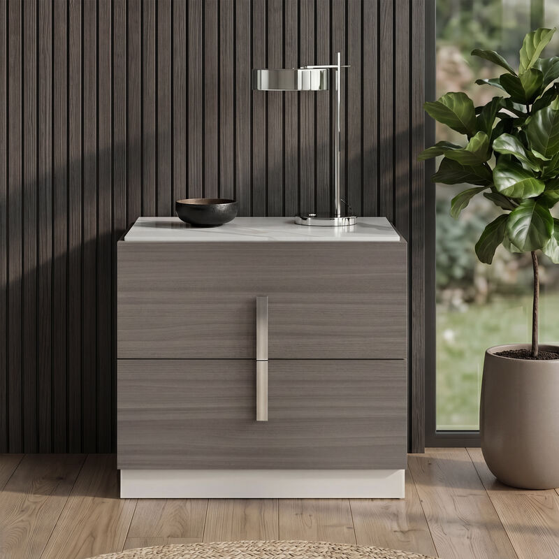 Altima Maple Nightstand with Faux Carrara Marble Top, Chrome Pulls and Floating Base image number 6