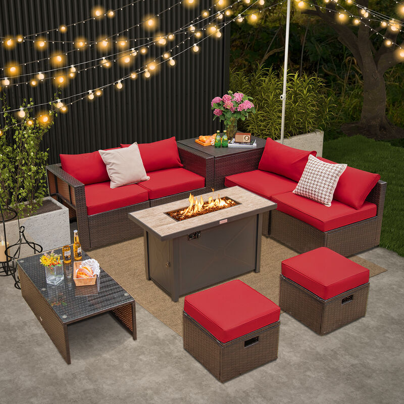 9-Piece Outdoor Patio Furniture Set with Cushions & Propane Fire Pit Table for Garden or Backyard
