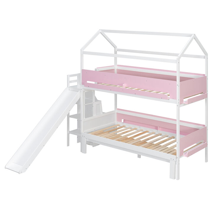 Merax Twin Over Twin/Full House Bunk Bed with Slide & Storage Guardrails