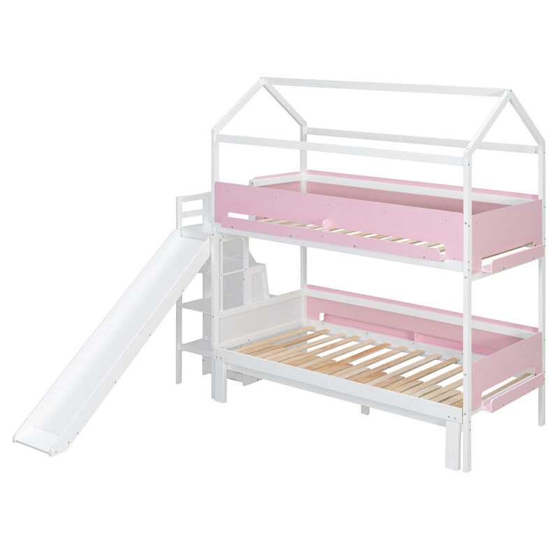 Merax Twin Over Twin/Full House Bunk Bed with Slide & Storage Guardrails image number 0