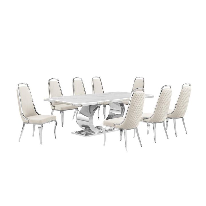 Best Quality Furniture 9pc Large(87) marble top dining set with silver base and 8 Cream side chairs
