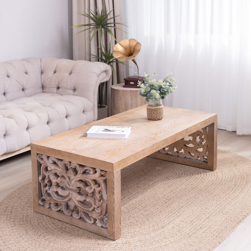 GOODSILO Rustic Carved Wood Coffee Table with Ornate Side Panels and Natural Finish image number 1