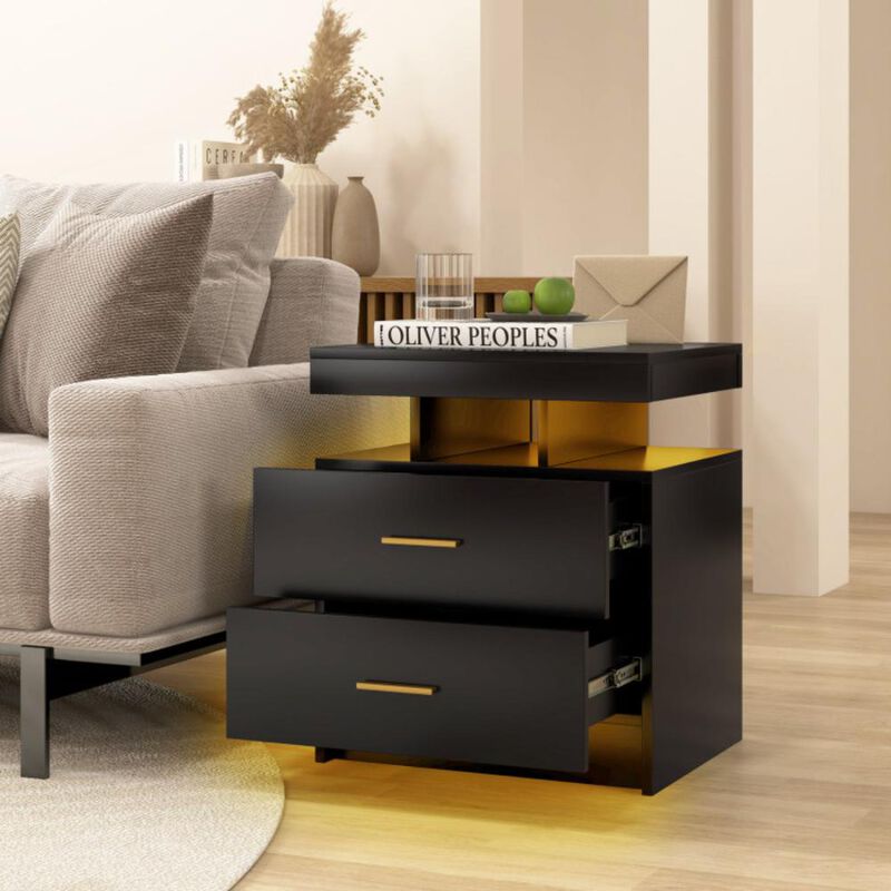 Hivvago LED Nightstand with 2 Storage Drawers for Bedroom