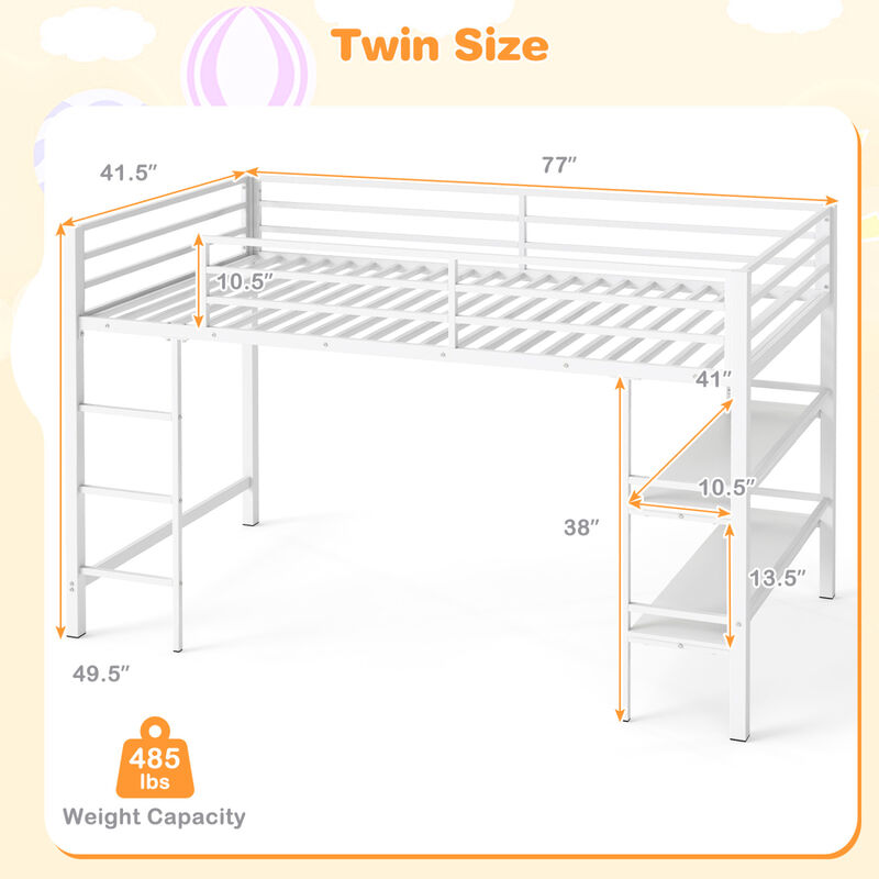 Twin Size Low Loft Bed with Ladder and Storage Shelves Metal Frame image number 2