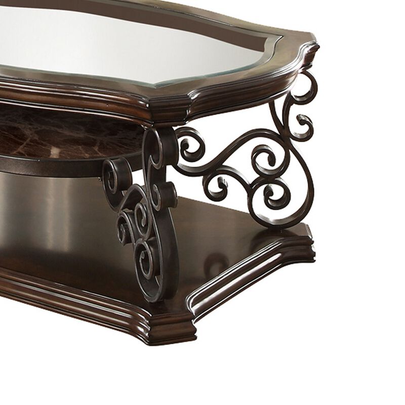 Tempered Glass Top Wooden Coffee Table with Ornate Metal Scrollwork, Brown-Benzara