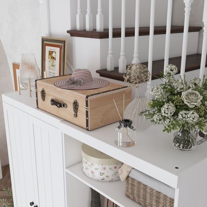 FUFU&GAGA White Hybrid Storage Wardrobe with Concealed Cabinet & Open Hanging, Dual Doors, Drawers, Shelf & Hooks (55.3" W x 17.7" D x 70.9" H)