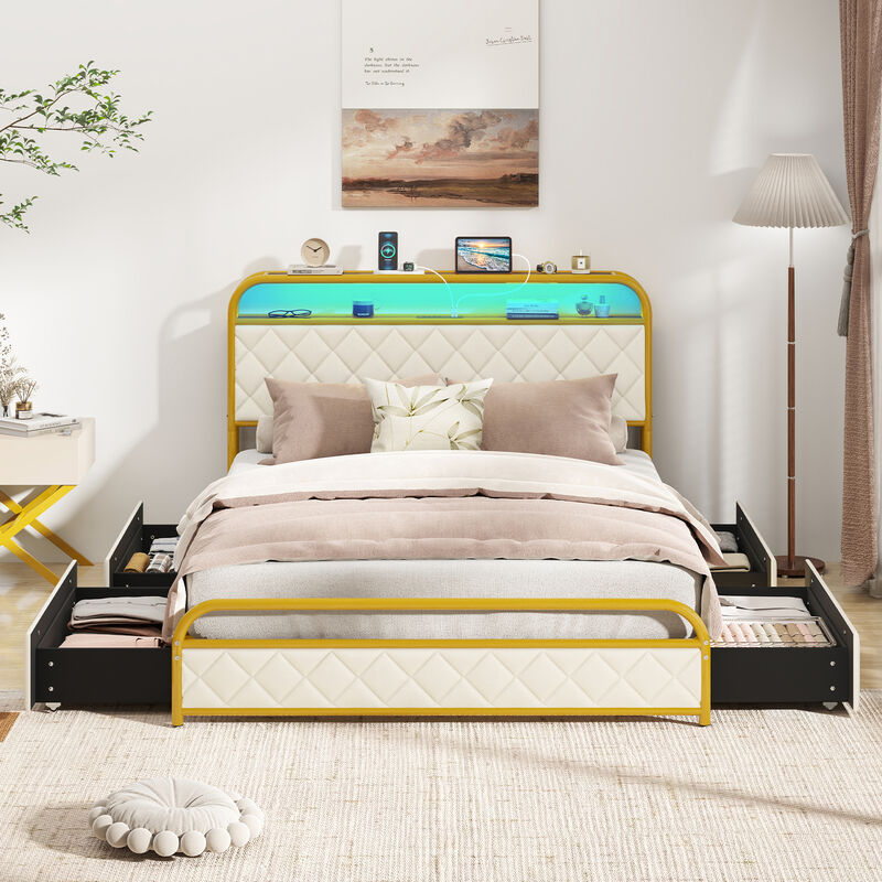 Bed Frame with LED Lights and Built-In Charging Station, Modern Bedroom Furniture