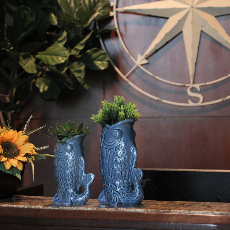 Blue Fish Decorative Vases Set Of 2 Glossy Ceramic Coastal Tabletop image number 5