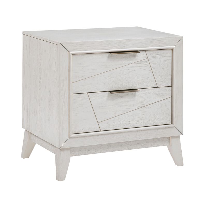 Zine Nightstand, 2 Drawers, Antique White Oak Wood, Flat Black Handles - Benzara
