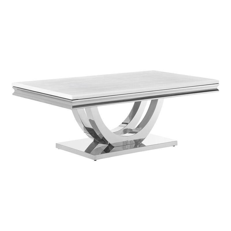 Kas 51 Inch Rectangular Coffee Table, White Stone Top, Polished Chrome Base - Benzara