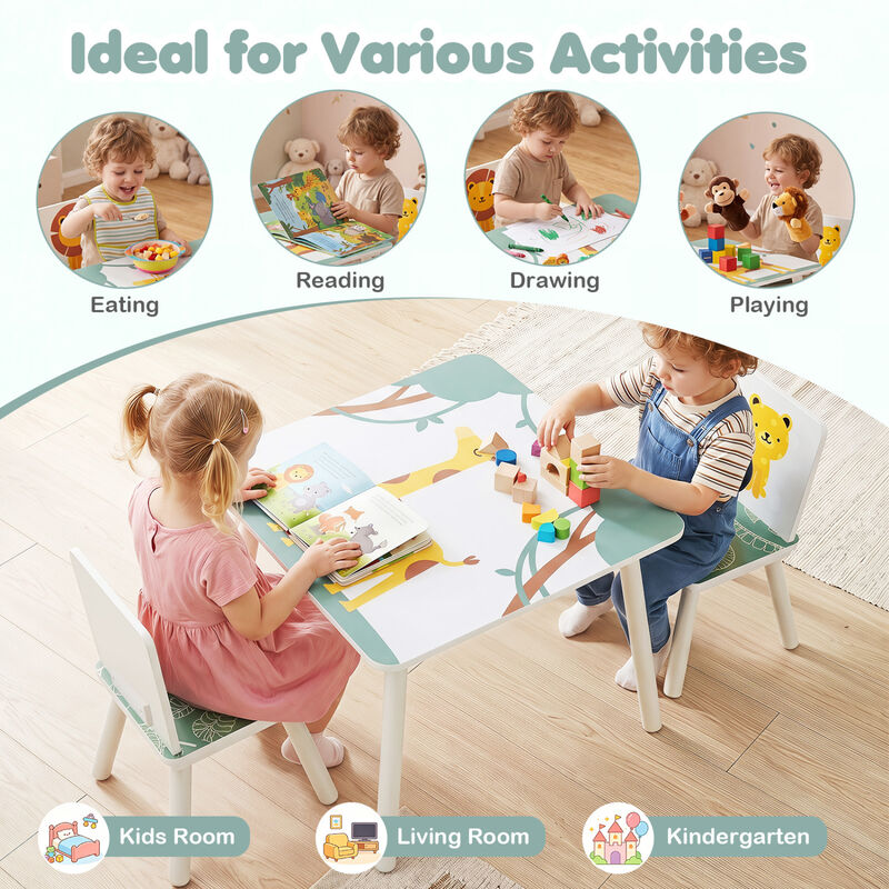 Kids Table and 2 Chairs Set for Ages 3-6 with Animal Prints image number 5