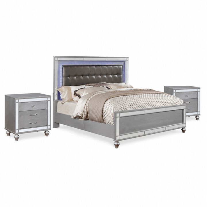 Queen Bedroom Set, Silver Wood, 3 Piece Set with 2 Nightstands