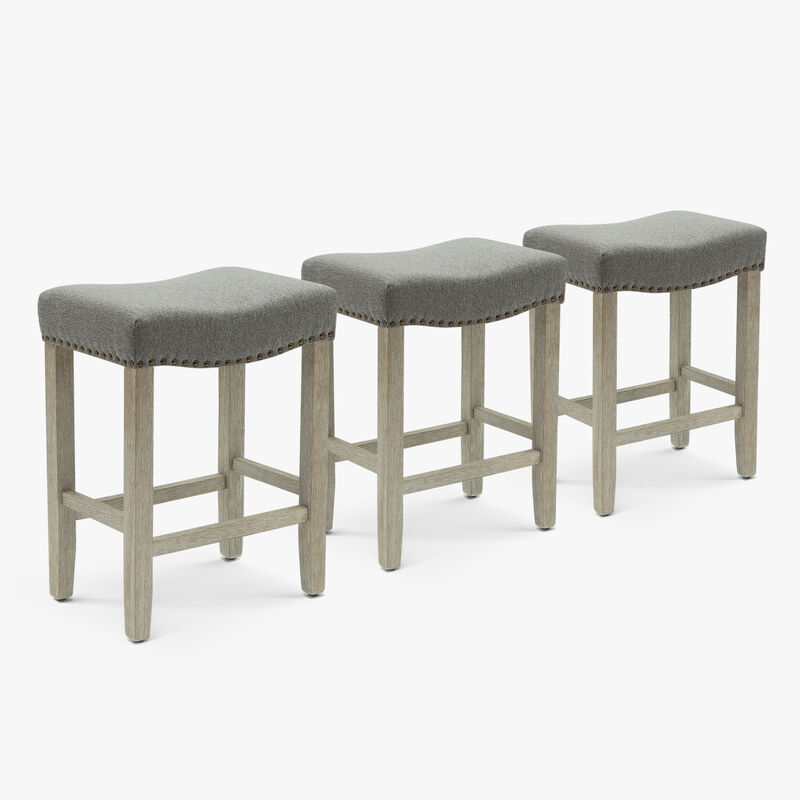 WestinTrends 24" Upholstered Saddle Seat Antique Gray Counter Stool (Set of 3)