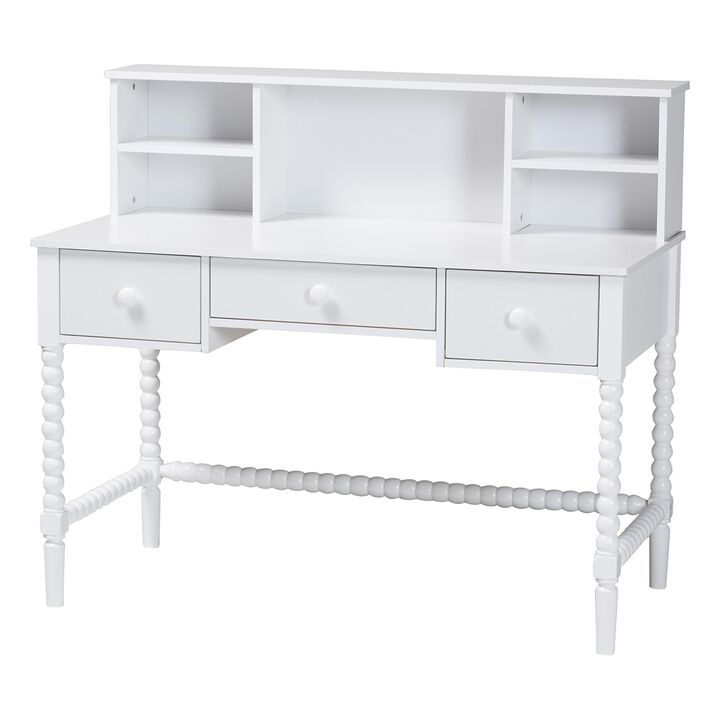 Baxton Studio Archwood Writing Desk with Hutch - 3-Drawer Wood Desk with Bobbin Design for Home Office or Bedroom Workspace, White