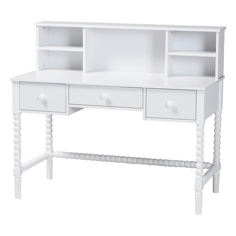 Baxton Studio Archwood Writing Desk with Hutch - 3-Drawer Wood Desk with Bobbin Design for Home Office or Bedroom Workspace, White image number 0