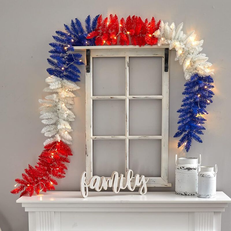 Hivvago 9" Patriotic "American Flag" Themed Artificial Garland with 50 Warm LED Lights
