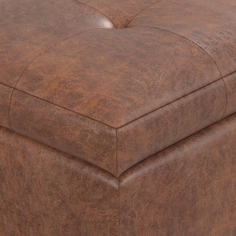 Cosmopolitan 34 inch Wide Transitional Rectangle Storage Ottoman in Distressed Saddle Brown Vegan Faux Leather, Assembled image number 8