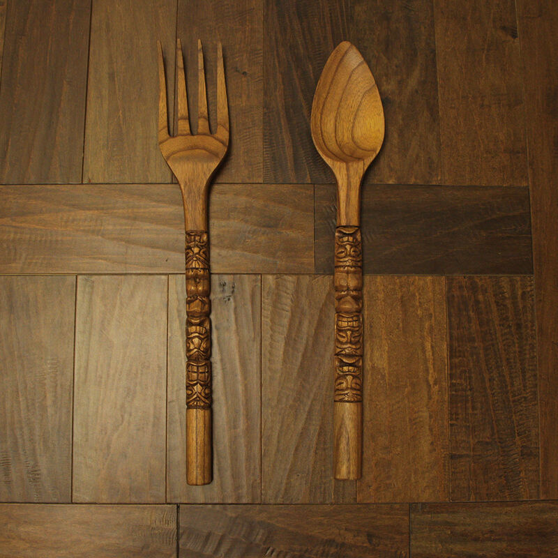 24 Inch Carved Tiki Spoon & Fork Wooden Wall Decor Art Utensil Decoration Set image number 8