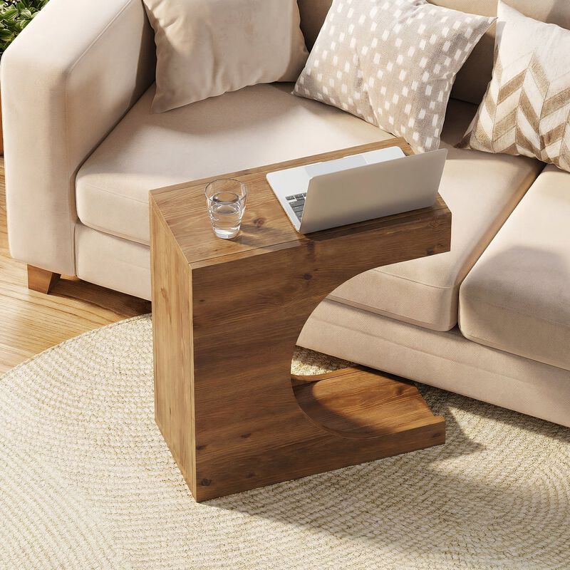 Modern C-Shaped Solid Wood Side Table with 2-Tier Storage, Nightstand image number 7