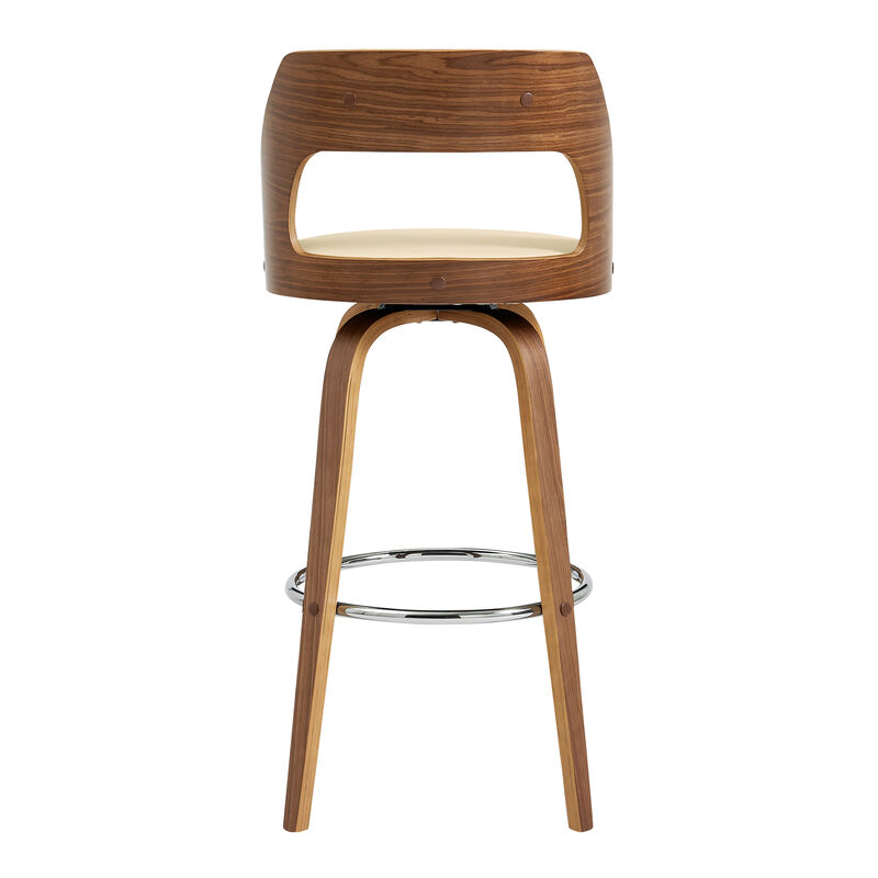 Axel Swivel Bar Stool in Brown Faux Leather and Walnut Wood